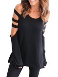 Black Cutout Solid Polyester Casual T-Shirt