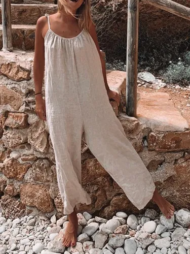 Casual Sleeveless Solid Crew Neck Jumpsuits