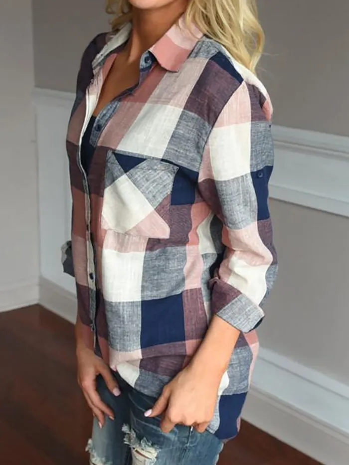 Casual Cotton Shirt Collar Gingham Blouse