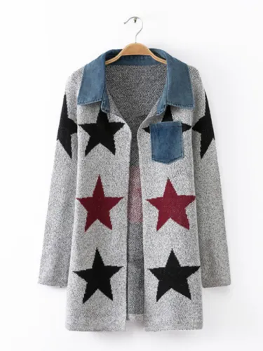 Star Wool Blend Patchwork Pockets Long Sleeve Cardigans