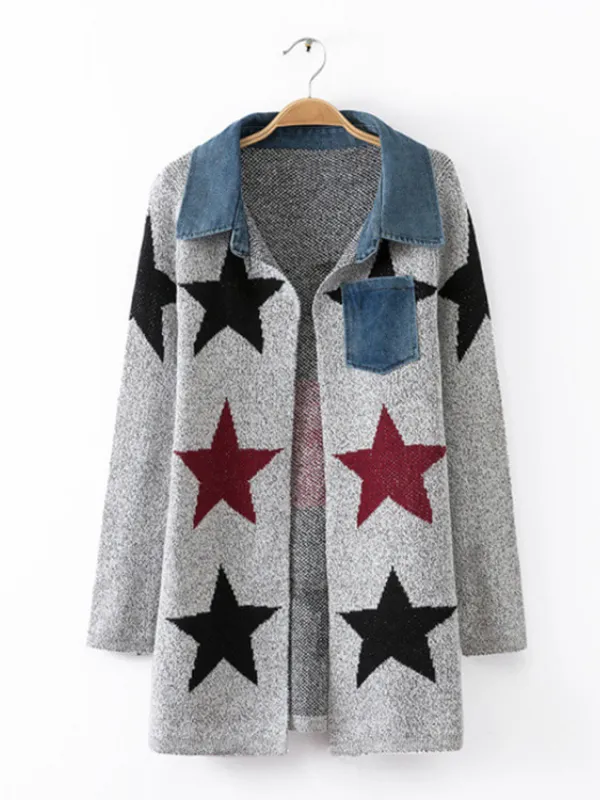Star Wool Blend Patchwork Pockets Long Sleeve Cardigans
