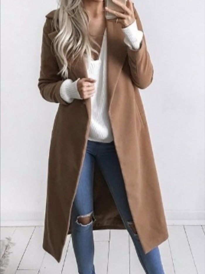 Turn-down Collar Pockets Solid Casual Winter Coat