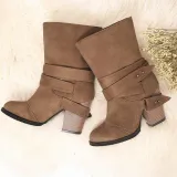 Women Comfy Suede Mid-Calf Chunky Heel Slip-On Boots