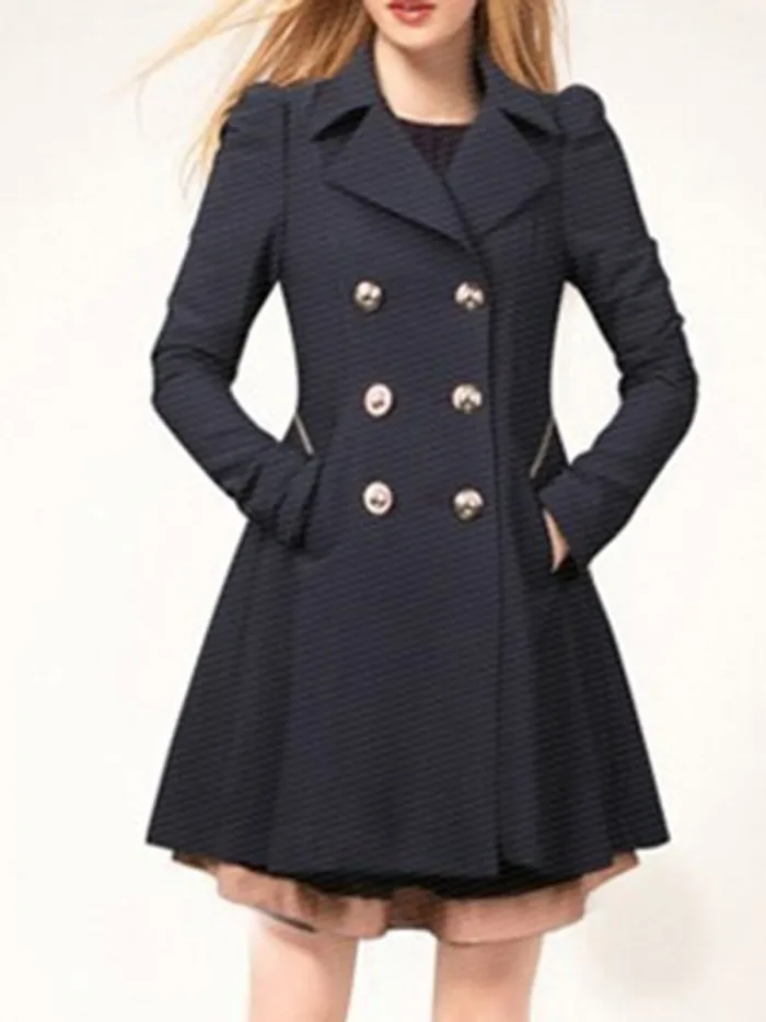 Women Peplum Coat Solid Color Double Breasted Pea Coat