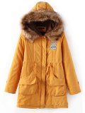 Khaki Solid Pockets Hoodie Casual Quilted Coat