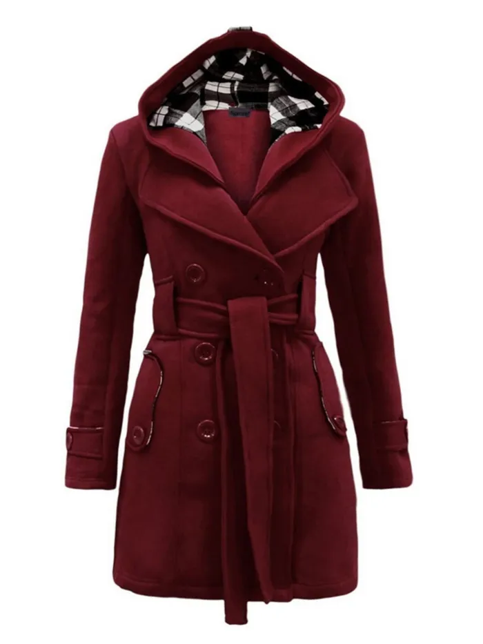 Women Double Breasted Slim Hoodie Solid Casual Long Pea Coat with Belt