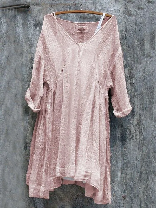 Casual V-Neck 3/4 Sleeve Striped Plus Size Bat Sleeve Tops