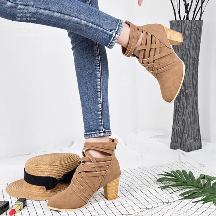 Weave Zipper Casual Chunky Heel Suede Boots