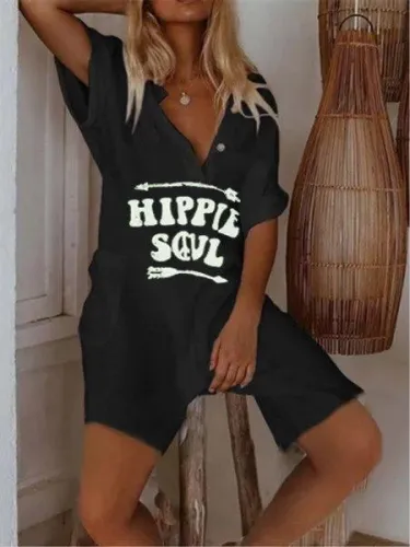 Short Sleeve Letter V Neck Happy Soul One-Pieces