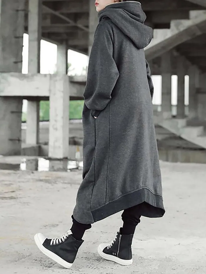 Hooded Long Sleeve Zip Irregular Long Coat