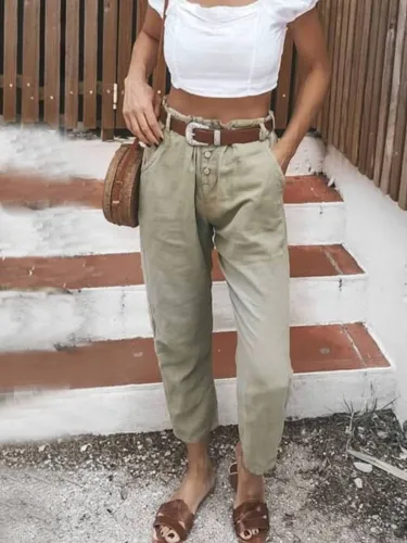 Light Brown Cotton-Blend Casual Pants