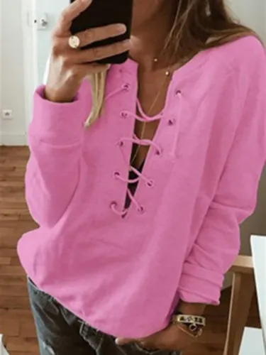2019 Womens Fall/Autumn Sweatshirts Plain Casual Eyelet V Neck