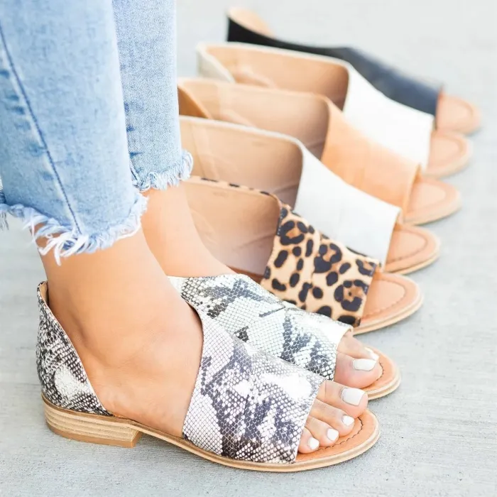 Peep Toe Side-cut Style Stacked Heel Flats