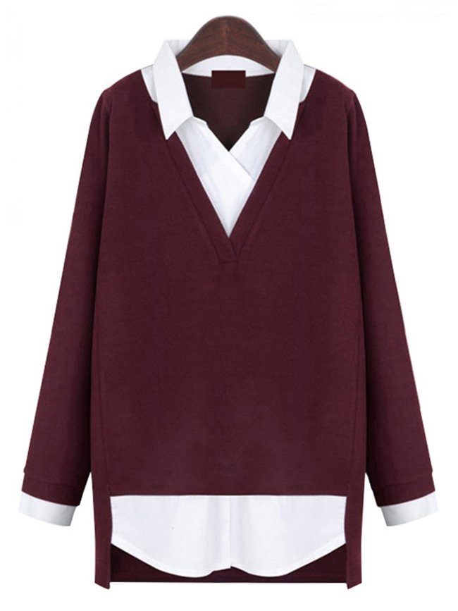 Long Sleeve Color-Block Casual Plus Size Blouse