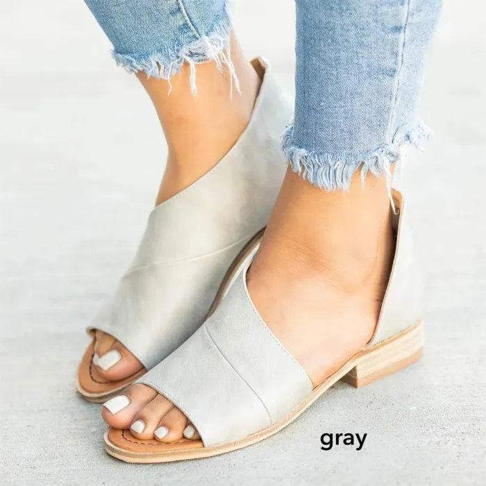 Peep Toe Side-cut Style Stacked Heel Flats