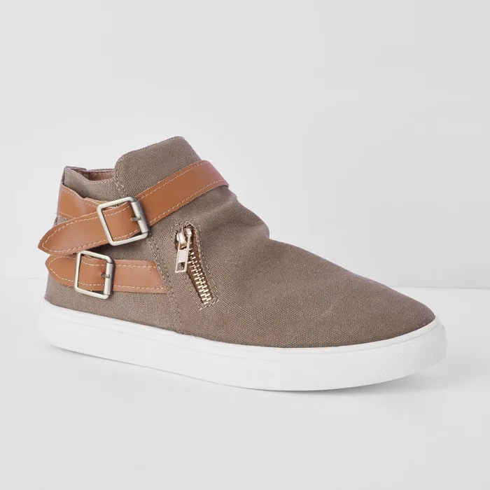 Plus Size Canvas Ankle Boots Flat Heel Buckle Booties with Zipper