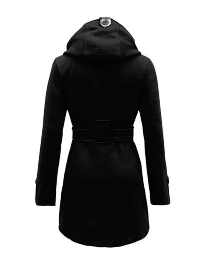 Women Double Breasted Slim Hoodie Solid Casual Long Pea Coat with Belt