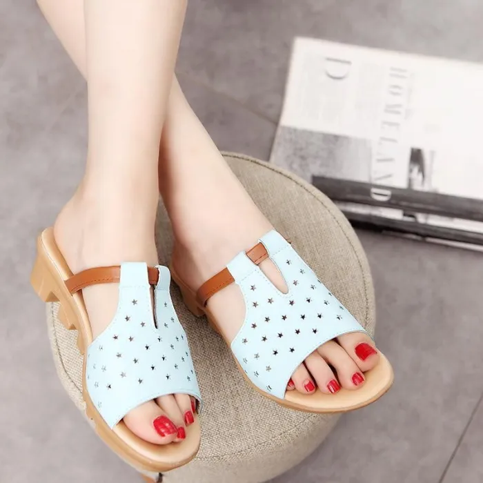 Women Summer Beach Wedge Heel Star Hollow-Out Slippers