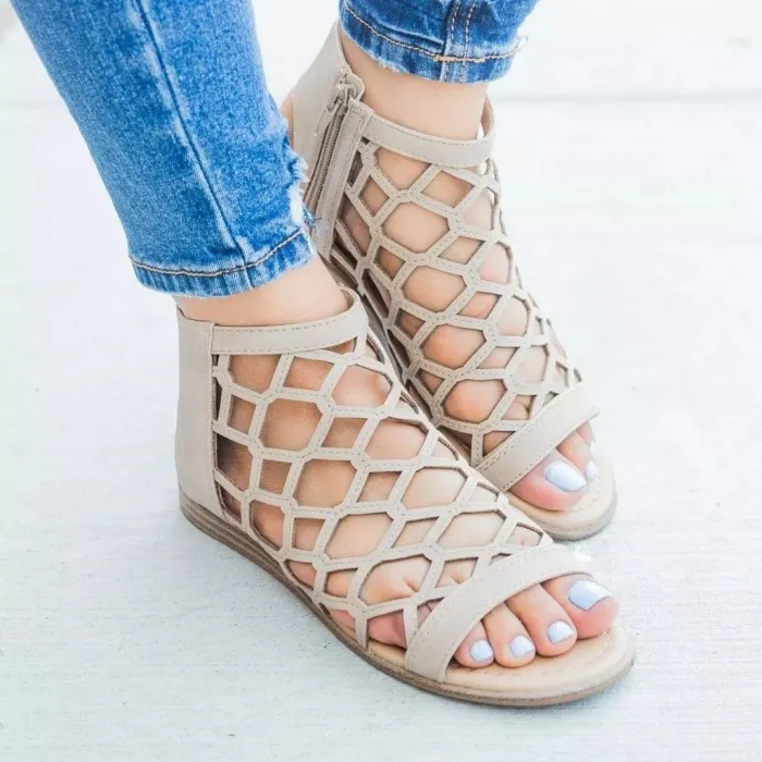 Women Zipper Strappy Open Toe Plain Hollow Flat Sandals