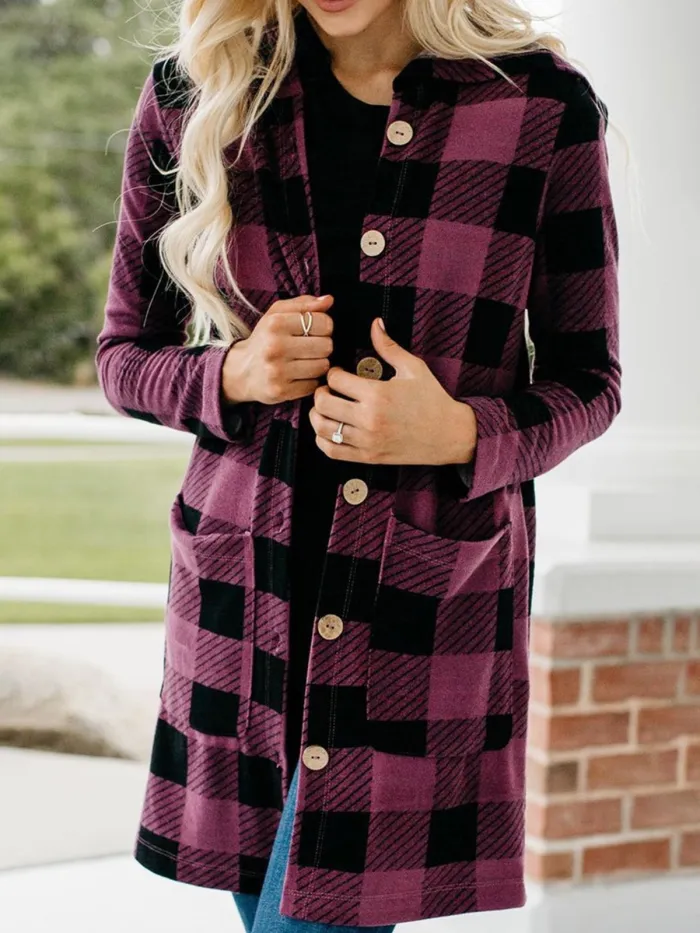 Gingham Casual Buttoned Women's Boyfriend Cardigans With Hoodie