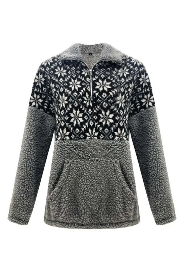 Christmas Snowflake Pullover Bend Collar Zipper Print Teddy Outerwear