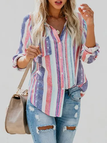 Multicolor Striped Casual Shirt Collar Buttoned Blouses & Shirt