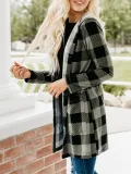 Gingham Casual Buttoned Women's Boyfriend Cardigans With Hoodie