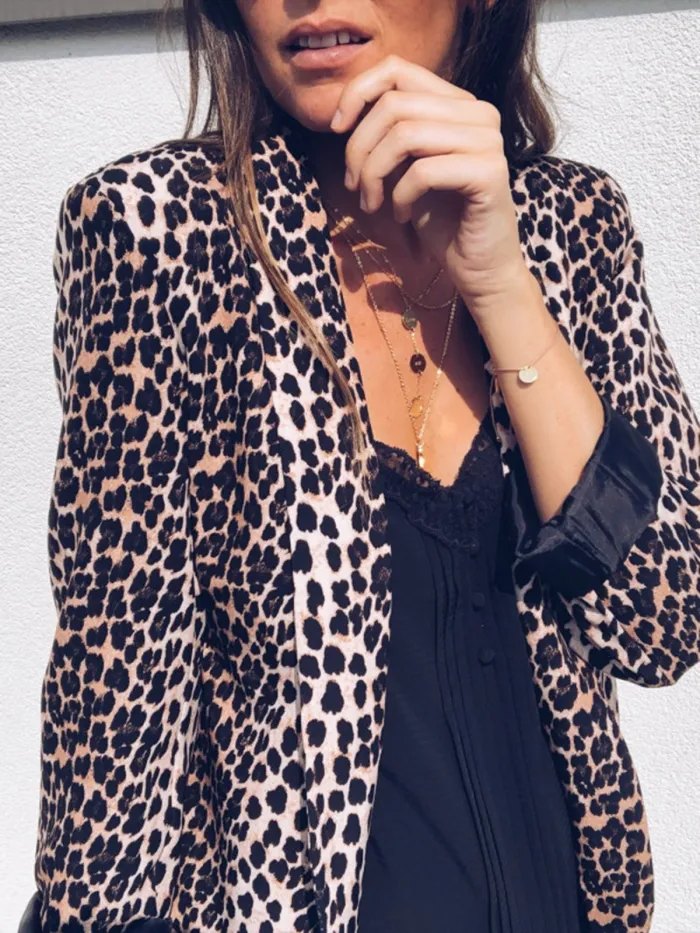 Brown Leopard Print Long Sleeve Printed Lapel Blazers