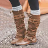 Vintage Lace Up Mid-calf Split Joint Boots Adjustable Buckle Low Heel Boots