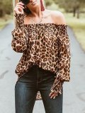 Long Sleeve Off Shoulder Leopard Print Gathered Blouse & Shirts