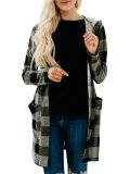 Gingham Casual Buttoned Women's Boyfriend Cardigans With Hoodie