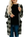 Gingham Casual Buttoned Women's Boyfriend Cardigans With Hoodie