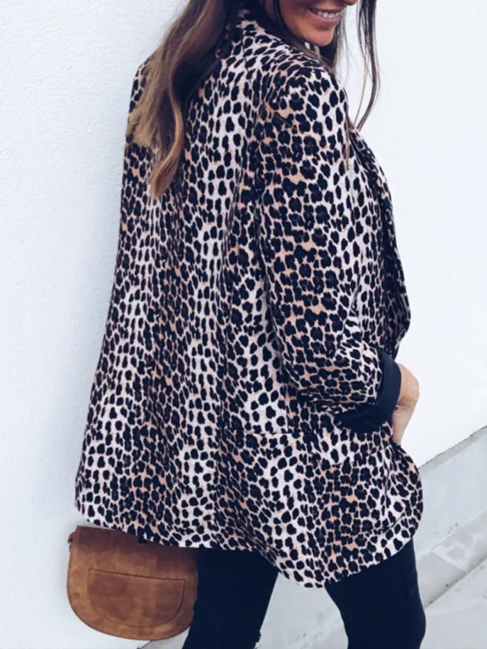 Brown Leopard Print Long Sleeve Printed Lapel Blazers