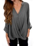 Casual Polyester V Neck Buttoned Blouse