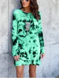 Back Hollow-up Printed Vintage Round Neck Long Sleeve Causal  Dresses