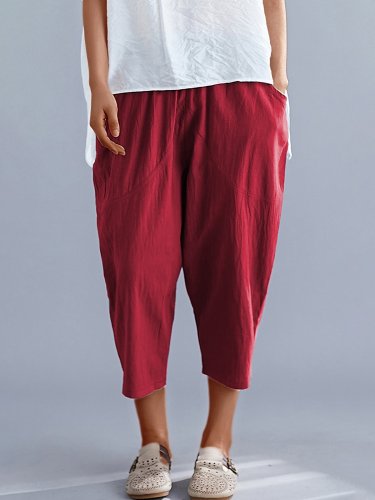 Plus Size Women Elastic Waist Loose Cotton And Linen Solid Casual Harlan Pants