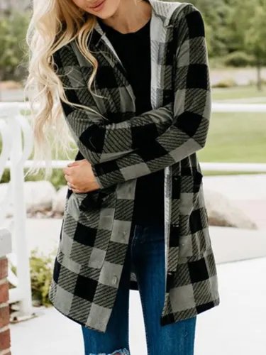 Gingham Casual Buttoned Women's Boyfriend Cardigans With Hoodie