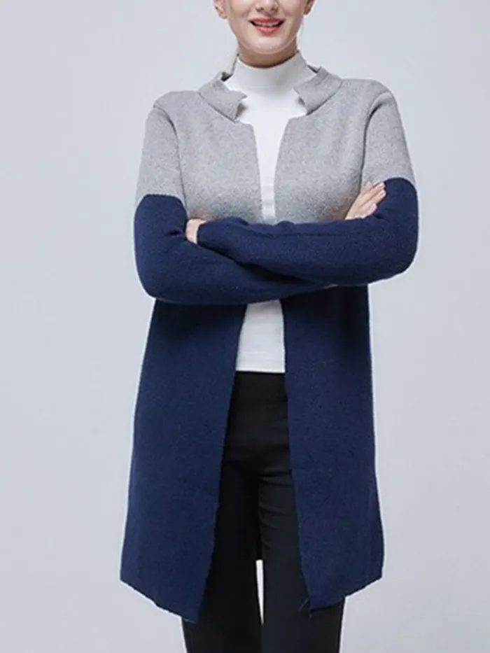 Casual Long Sleeve Stand Collar Color-Block Solid Coat