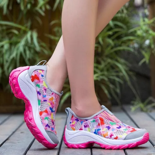 Flower Mesh Breathable Platform Rocker Sole Casual Shoes