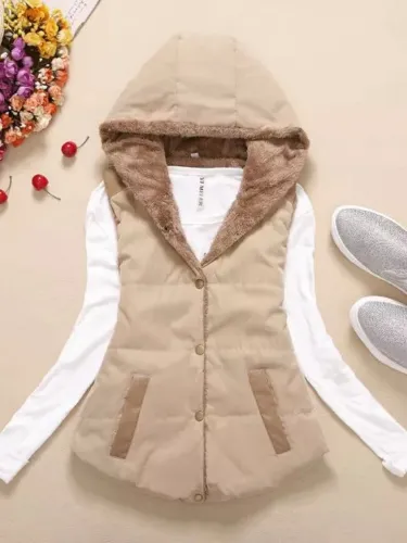 Coral Velvet Sleeveless Solid Cotton Hoodie Appliqued Vest