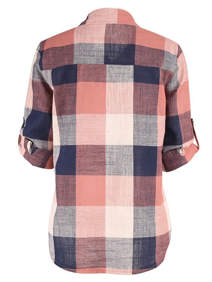 Casual Cotton Shirt Collar Gingham Blouse