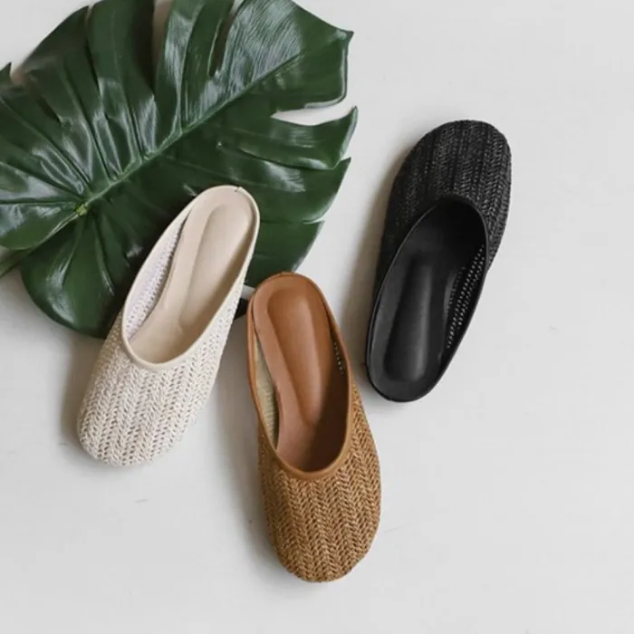 Women Beach Pu Flats Faux Straw Braided Slippers Shoes