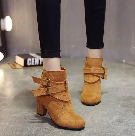 Coffee Plus Size Spring/Fall Adjustable Buckle Suede Chunky Heel Boots