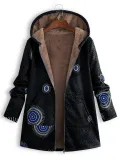 Ethnic Print Fleece Zipper Hooded Autumn Winter Coat
