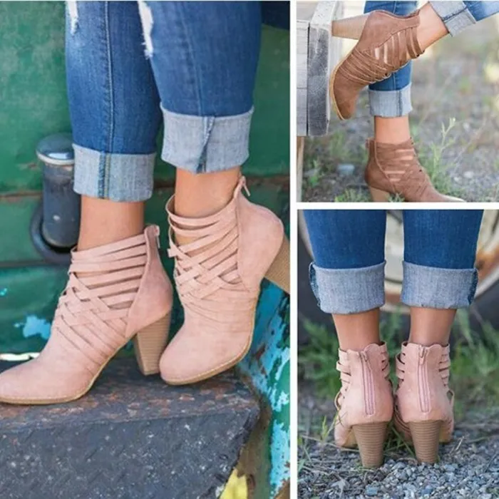Weave Zipper Casual Chunky Heel Suede Boots
