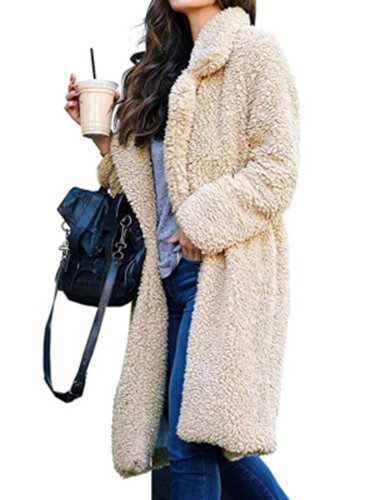 Plus Size Casual Solid Long Sleeve Fluffy Coat