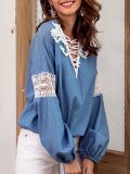 V neck Embroidered Solid Balloon Sleeve Blouse