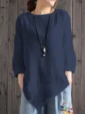 Women Cotton Crew Neck Casual Blouses Shirt