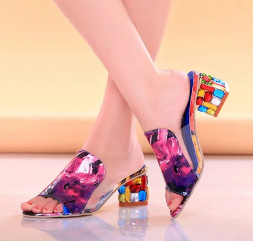 PU Daily Colorful Crystal Mid Heel Transparent Jelly Casual Slippers