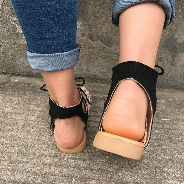 Women Casual Leopard Lace Up Flat Sandals